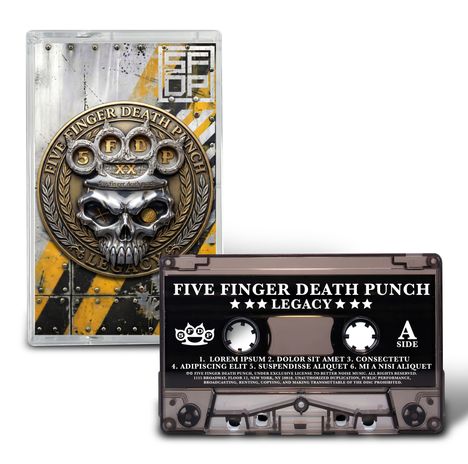 "Five Finger Death Punch Legacy" auf Kassette und Hülle, mit Schädel- und Faust-Logo, gelb-schwarzer Hintergrund.