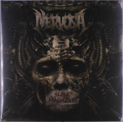 "Slave Machine" steht über einem dunklen, mechanischen Gesicht, umgeben von Zahnrädern und Metallteilen, oben "Nervosa".