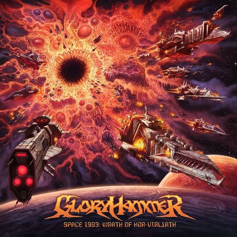 „Gloryhammer: Space 1993: Wrath of Kup-Virliath“, eine lebhafte, farbenfrohe Weltraumschlacht mit Raumschiffen und Explosionen.