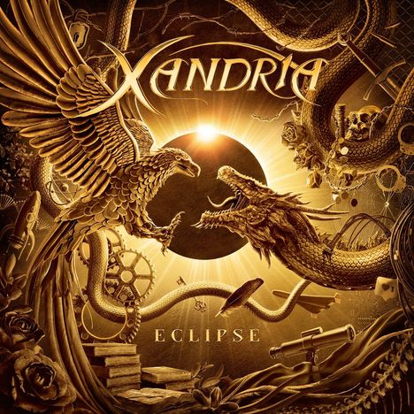 Text: „Xandria“ oben, „Eclipse“ unten. Illustration: Adler und Drache vor Sonnenfinsternis, umgeben von Symbolen.
