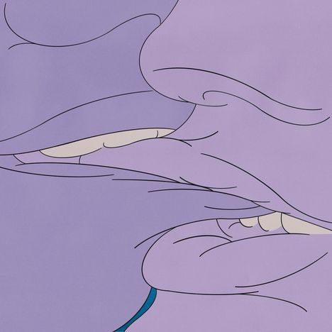 Eine abstrakte Illustration mit lila und blauen Linien, die geschlossene Augen und Lippen darstellen.