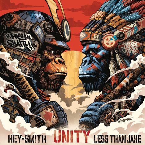 „HEY-SMITH UNITY LESS THAN JAKE“. Zwei Gorillas in Rüstungen schauen sich intensiv an, vor rotem Hintergrund.