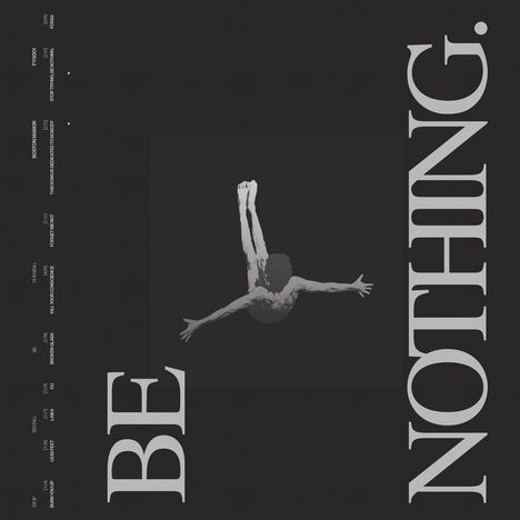 Texte: "BE NOTHING.", "FORGET ME", "LAMIA", "BROWN/BLUE". Illustration einer Person, die rückwärts ins Leere fällt.