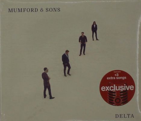"MUMFORD & SONS", "exclusive", "+3 extra songs", "DELTA". Vier Männer stehen auf einer weiten, sandigen Fläche.