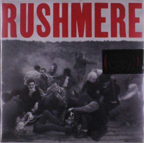 "RUSHMERE" in großen roten Buchstaben oben. Verschwommenes Schwarz-Weiß-Foto von Personen in entspannter Szene.