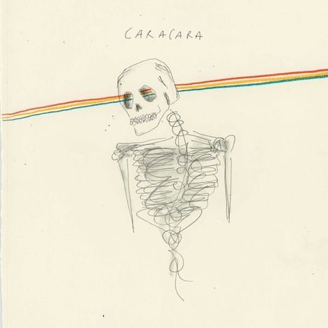 Text: "CARACARA". Skizze eines Skeletts, das von einem Regenbogen durchquert wird.