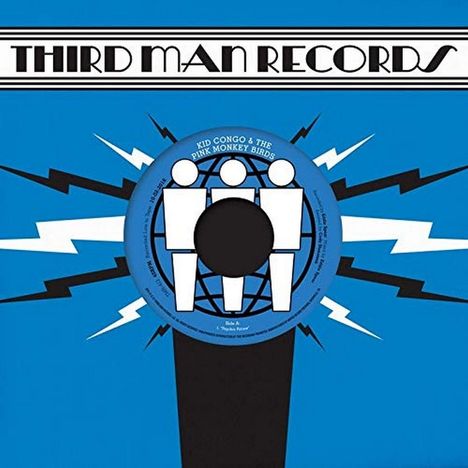 "THIRD MAN RECORDS" oben. Blaue und schwarze Grafiken mit drei stilisierten Figuren in einem Kreis, Blitze ringsum.
