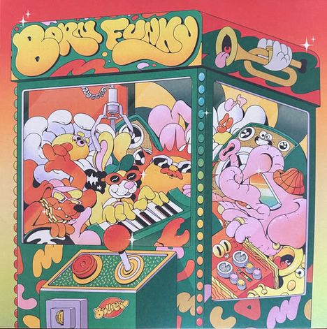 "Boru Funky" in bunter Comic-Schrift. Illustration eines bunten Greifautomaten voller verspielter, bunter Cartoon-Tiere.