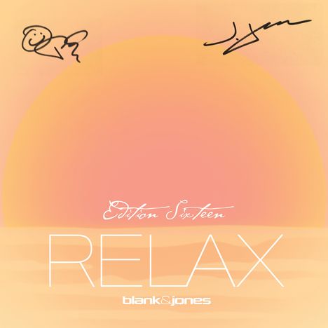 "Edition Sixteen", "RELAX", "blank & jones". Illustration mit Sonnenuntergang und entspanntem Gesicht.