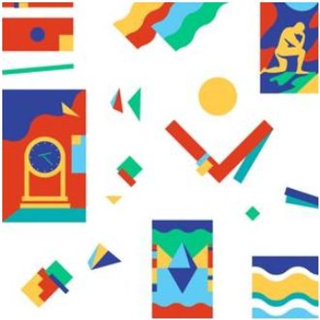 Keine Texte. Bunte geometrische Formen und Illustrationen wie Uhr und Figur in Bewegung.