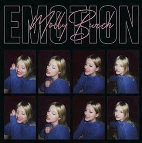 Text: "EMOTION" und "Molly Burch". Neun Bilder einer Frau in blauem Oberteil, verschiedene Posen und Gesichtsausdrücke.