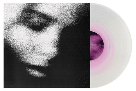 Texte: "RE". Weiße Vinyl-Schallplatte, linker Teil ein schwarz-weiß gepunktetes Gesicht.