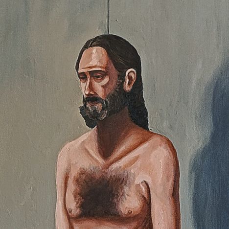 Illustration eines bärtigen Mannes mit schulterlangem Haar, er steht vor einem schlichten Hintergrund, oberkörperfrei.