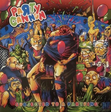 „PARTY CANNON“ oben, „SUBJECTED TO A PARTYING“ unten. Illustration einer chaotischen Party mit vielen Figuren.