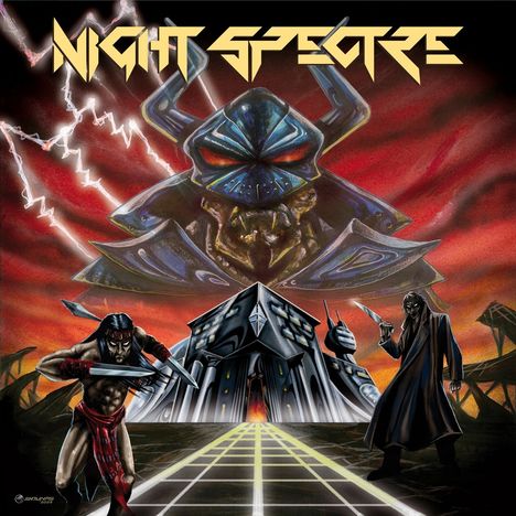 Der Text lautet "Night Spectre". Darunter eine futuristische Szene: ein Krieger, ein Gebäude und eine finstere Gestalt.
