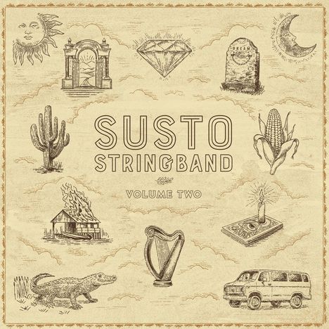 Text "SUSTO STRINGBAND VOLUME TWO" umgeben von Illustrationen: Sonne, Mond, Diamant, Grabstein mit "DREAM", Harfe, Kerze, Kaktus, brennendes Haus, Alligator, Maiskolben, Van.