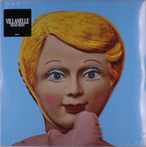 Text: "VILLANELLE", "Messy Heans". Nahaufnahme eines Puppenkopfes mit blondem Haar vor hellblauem Hintergrund.