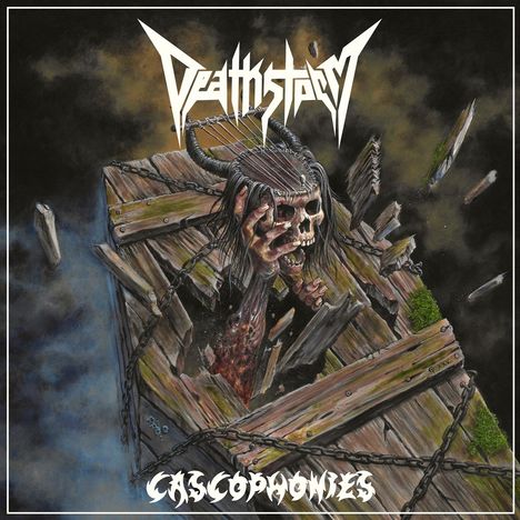 Oben "Deathstorm," unten "Casophonomies." Ein skelettartiges Wesen bricht durch Holzbretter.