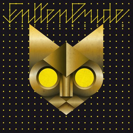 Text: "Gullendude KatzenGold". Illustration: Geometrischer Katzenkopf in Gold- und Gelbtönen auf schwarzem, gepunktetem Hintergrund.