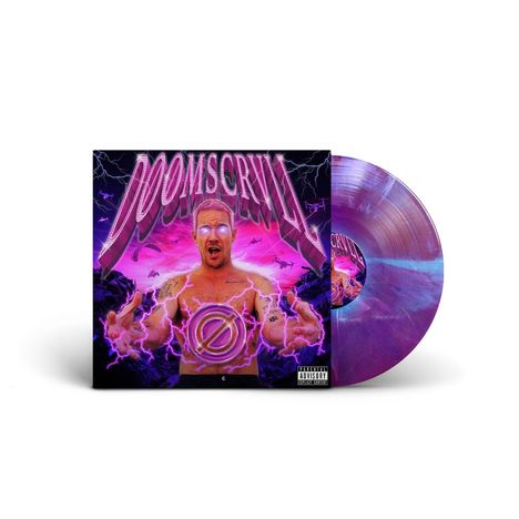 Der Text "DOOMSCRYLL" und "Parental Advisory" ist prominent. Ein Mann mit leuchtenden Augen und violetten Blitzen umgeben.