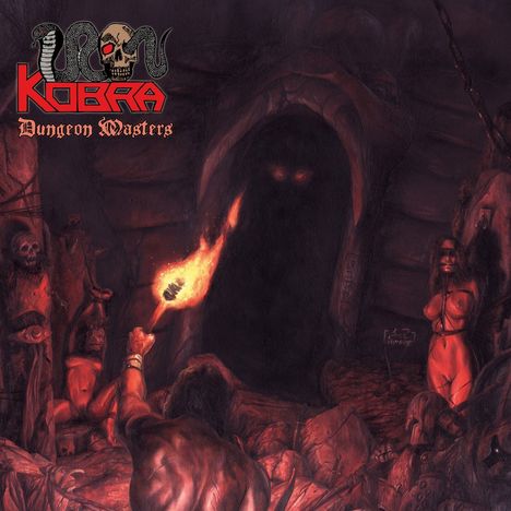 "Iron Kobra Dungeon Masters" ist in roter und gelber Schrift. Eine düstere, höhlenartige Szene mit Fackelträger.