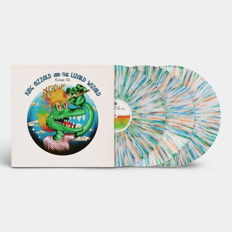 „King Gizzard and the Lizard Wizard - Europe ’23“, bunte Schallplatten, Drachen-Illustration mit brennender Mütze.