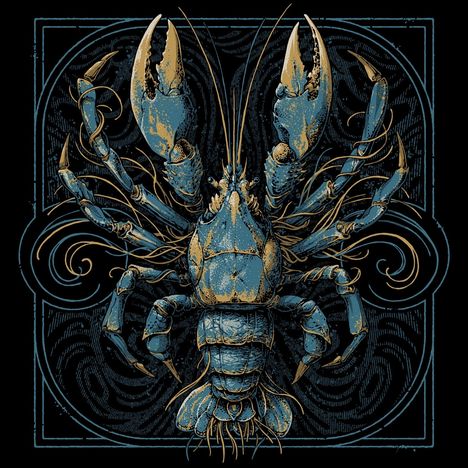 Illustration eines blauen Hummers mit goldenen Akzenten, umgeben von kunstvollen, geschwungenen Linien.