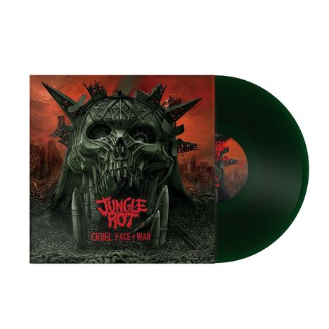 Text: "Jungle Rot", "Cruel Face of War". Grüne Vinyl-Schallplatte, Cover mit Totenkopf und kriegsähnlicher Kulisse in roten Tönen.