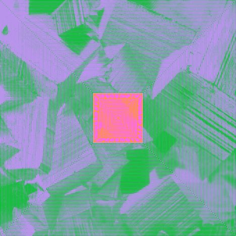 Text: "TRACEMOT", psychedelisches Muster in Grün und Lila, abstrakte Linien und Formen, quadratische Spirale im Zentrum.