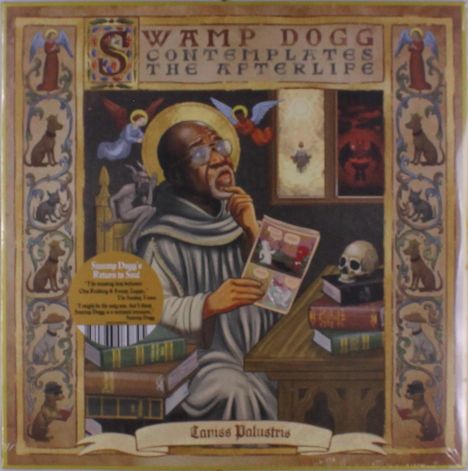 "Swamp Dogg Contemplates the Afterlife" in mittelalterlichem Stil: Ein nachdenklicher Mann mit Heiligenschein, Bücher, ein Totenkopf.