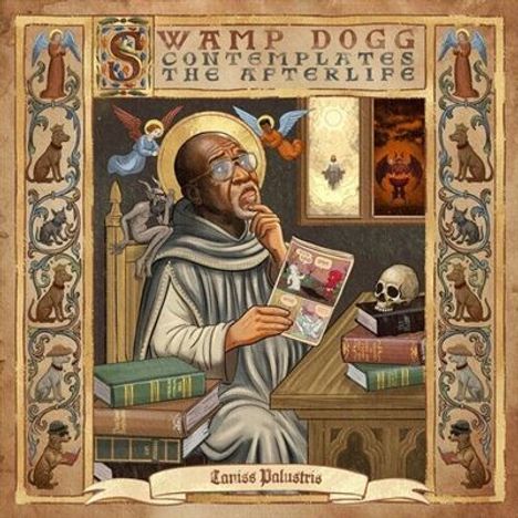 "Swamp Dogg Contemplates the Afterlife" steht oben. Illustration eines nachdenklichen Mannes mit Comic und Totenkopf.