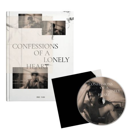 Texte: "Confessions of a Lonely Heart", "Eric Nam". Ein Buch neben einer CD-Hülle, beide mit denselben Bildern.