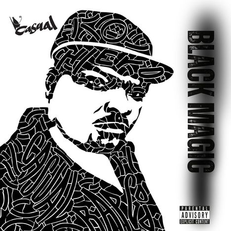 „Black Magic“, „Casual“ und „Parental Advisory Explicit Content“. Schwarz-weiße Illustration eines Gesichts mit Schriftmustern.