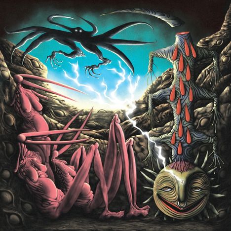 Surreale Illustration: Kreaturen in ungewöhnlichen Formen in einer Höhle. Eine dunkle Gestalt schwebt oben, blau leuchtender Himmel.