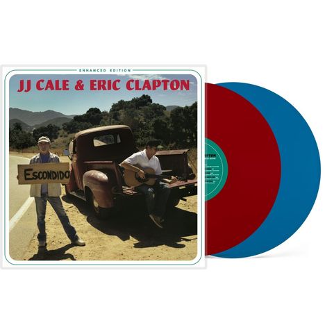"JJ Cale & Eric Clapton", "Escondido" auf Schild, Mann mit Gitarre auf rotem Truck, zwei Schallplatten, rot und blau.