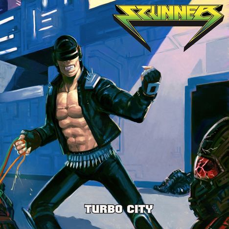 Oben ein grünes Logo, unten der Text: "Turbo City". Ein muskulöser Mann in Lederjacke in futuristischer Umgebung.