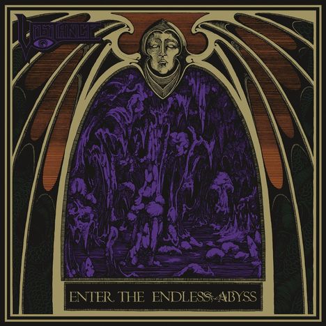 Texte: "Enter the Endless Abyss". Illustration eines geheimnisvollen, gotischen Designs mit einer blassen Figur und violetten Mustern.