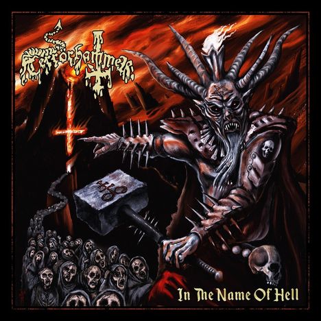 „Terrorhammer“ und „In The Name Of Hell“ in gotischer Schrift. Illustration: Dämon mit Hörnern, Armee aus Schädeln.