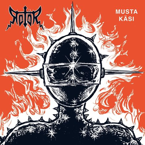 "MUSTA KÄSI, ROTOR" links oben. Illustration: Figur mit Helm und Stacheln, umgeben von Flammen.