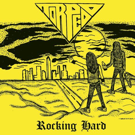 Der Text „Torpedo“ und „Rocking Hard“. Zwei Figuren mit Gitarren blicken auf eine Stadt unter einem riesigen Sonnenuntergang.