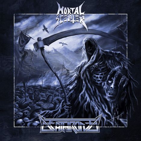 Text: "Mortal Scepter", "Ascent to the Oblivion". Eine düstere Illustration eines Sensenmanns mit Schädeln und Geisterfiguren.