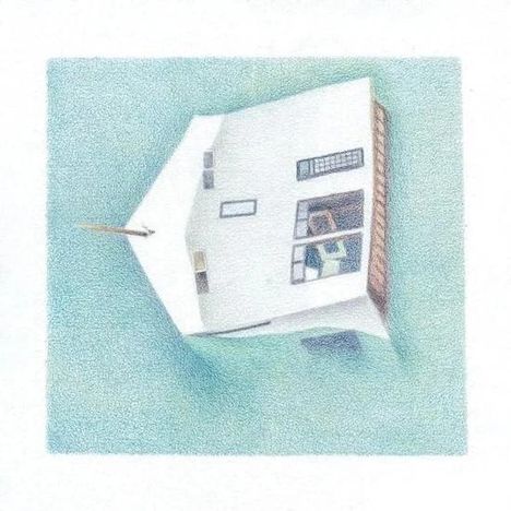 Eine ozeanblaue Illustration zeigt ein Haus, das halb in Wasser versinkt. Man sieht ein Fenster und ein Dachfenster.