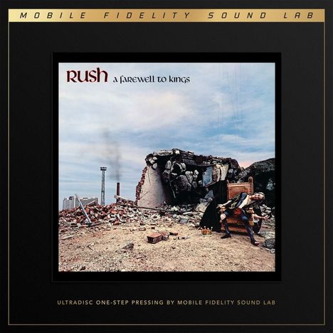 "Rush: A Farewell to Kings". Darstellung einer Ruine mit einem thronenden König, im Hintergrund Industriegebäude.
