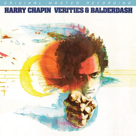 Text oben: "ORIGINAL MASTER RECORDING"
Großer Text: "HARRY CHAPIN VERITIES & BALDERDASH"
Aquarell-Illustration eines Mannes, der auf den Betrachter zeigt.