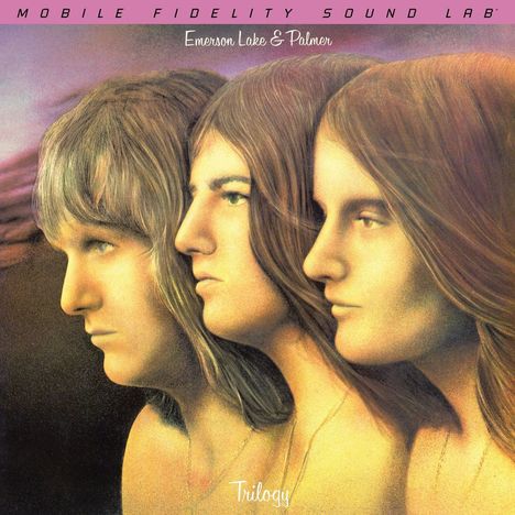 „Mobile Fidelity Sound Lab“, „Emerson Lake & Palmer“, „Trilogy“. Illustration von drei nebeneinanderstehenden Köpfen.