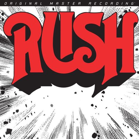 "ORIGINAL MASTER RECORDING" oben, großes rotes "RUSH" Logo, mit dynamischem schwarz-weißem Hintergrund.