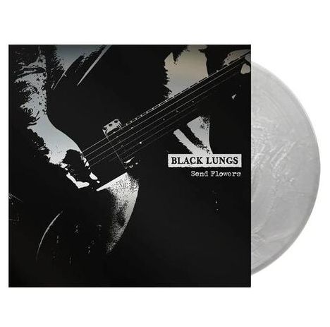Der Text lautet „BLACK LUNGS Send Flowers“. Eine Schwarz-Weiß-Illustration einer E-Gitarre ist sichtbar.
