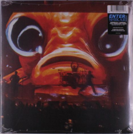 "ENTER SHIKARI" auf einem Sticker. Im Vordergrund eine Bühne mit Musikern, im Hintergrund ein riesiges Fischgesicht.