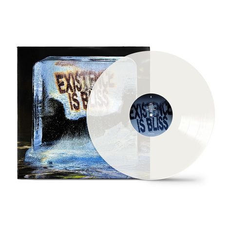 "EXISTENCE IS BLISS" steht auf einem vereisten Würfel. Eine weiße Vinyl-Schallplatte liegt halb darüber.