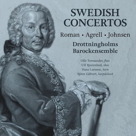 Text: "SWEDISH CONCERTOS Roman Agrell Johnsen Drottningholms Barockensemble." Illustration: barock gekleideter Mann.
